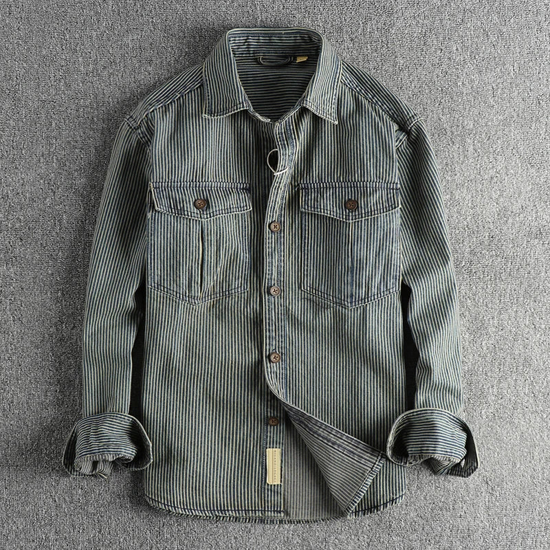Men's blue striped denim shirt with turn down collar and long sleeves