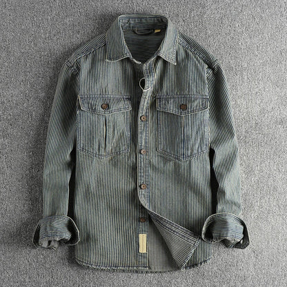 Men's blue striped denim shirt with turn down collar and long sleeves