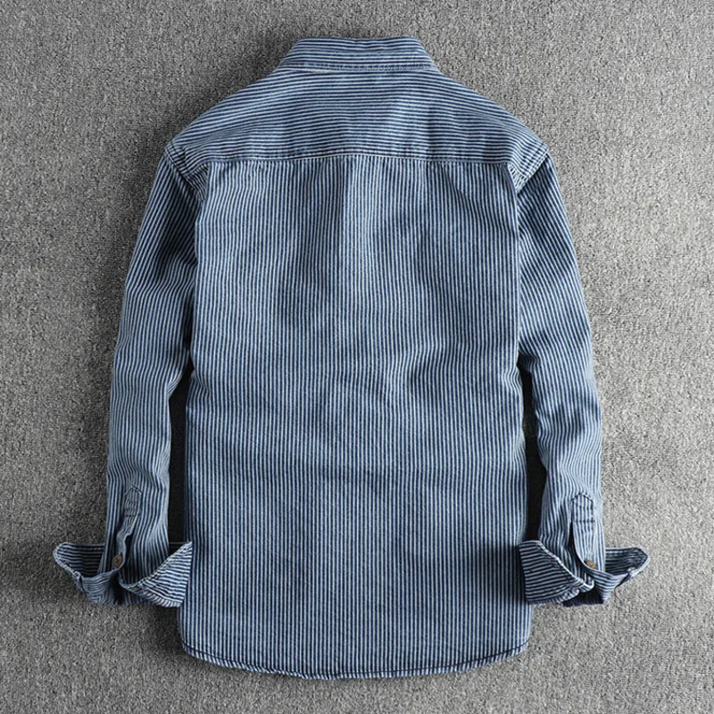 Men's blue striped denim shirt with turn down collar and long sleeves