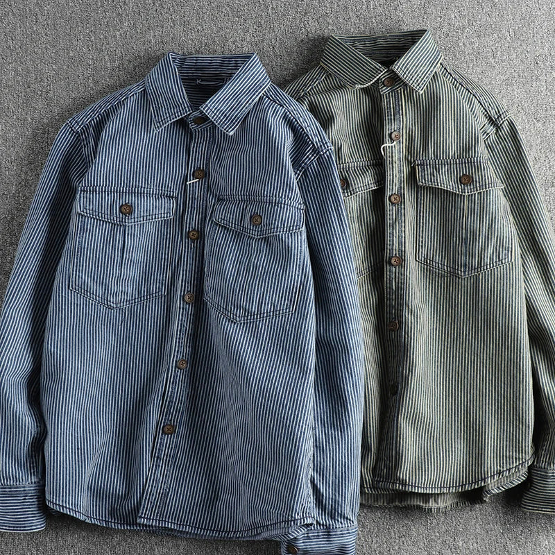 Men's blue striped denim shirt with turn down collar and long sleeves