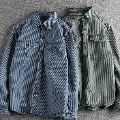 Men's blue striped denim shirt with turn down collar and long sleeves