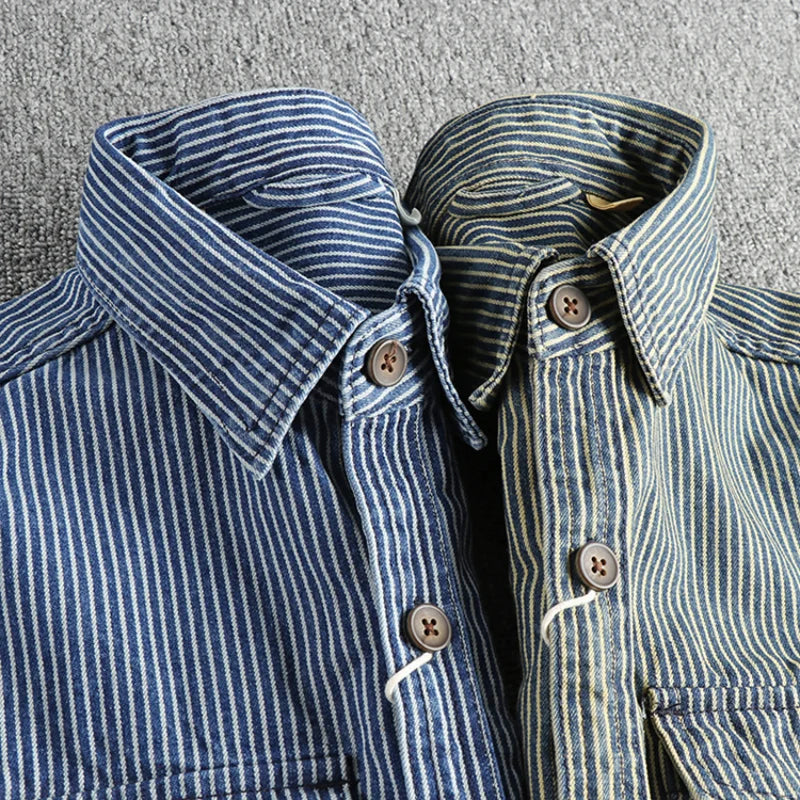 Men's blue striped denim shirt with turn down collar and long sleeves