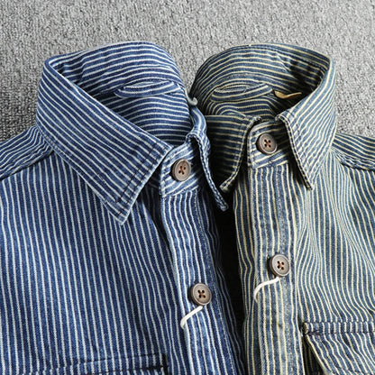 Men's blue striped denim shirt with turn down collar and long sleeves