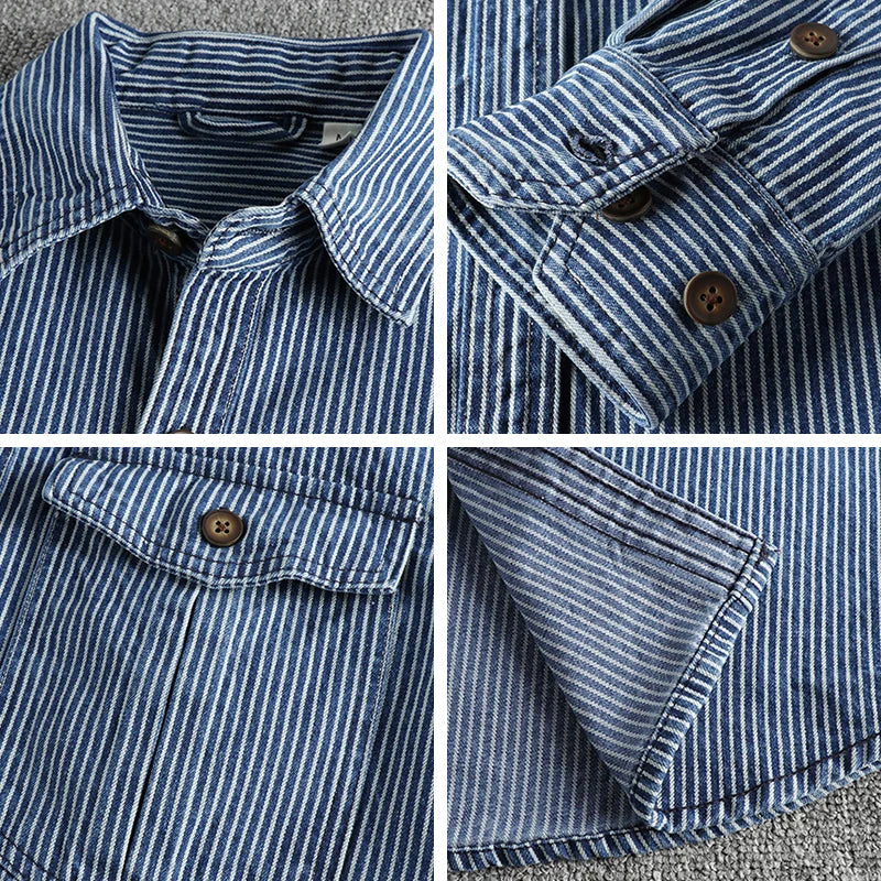 Men's green striped denim shirt with turn down collar and long sleeves