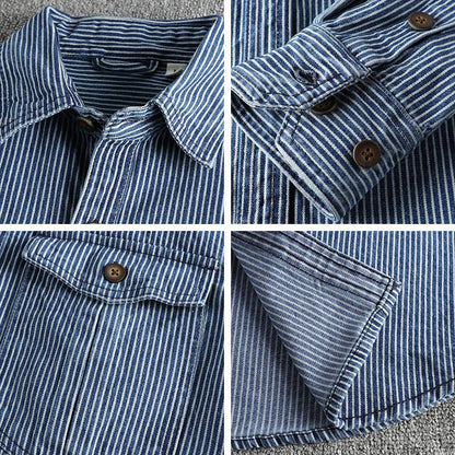 Men's green striped denim shirt with turn down collar and long sleeves
