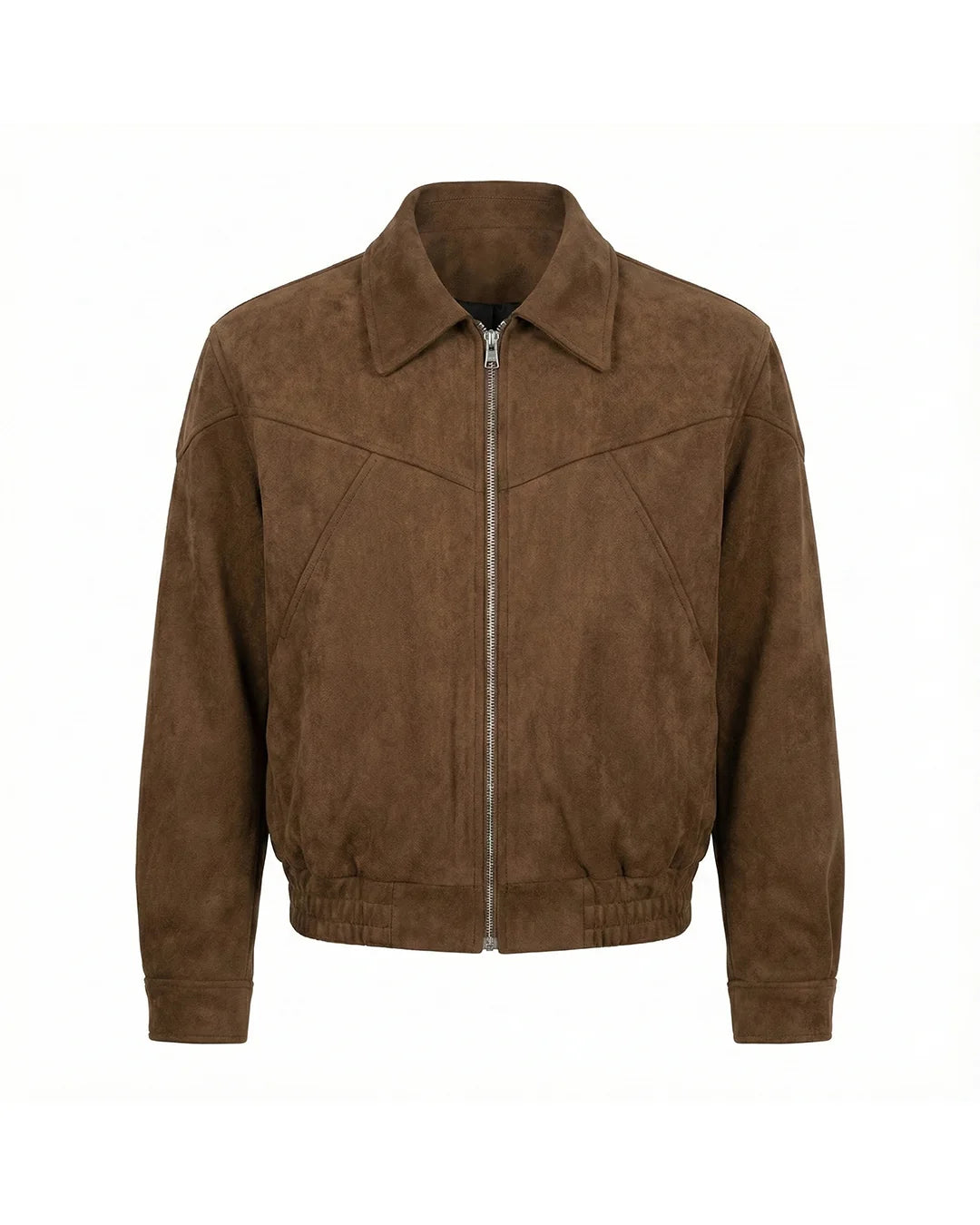Men's brown suede bomber jacket with buttoned cuffs