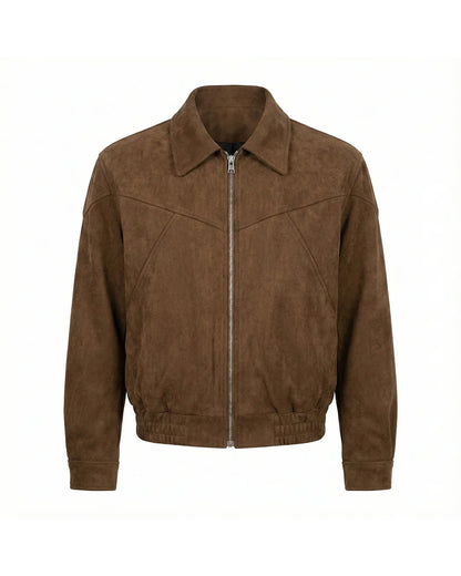 Men's brown suede bomber jacket with buttoned cuffs