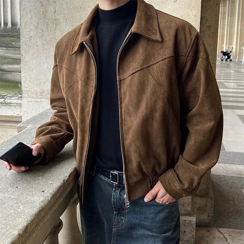 Men's black suede bomber jacket with zip closure