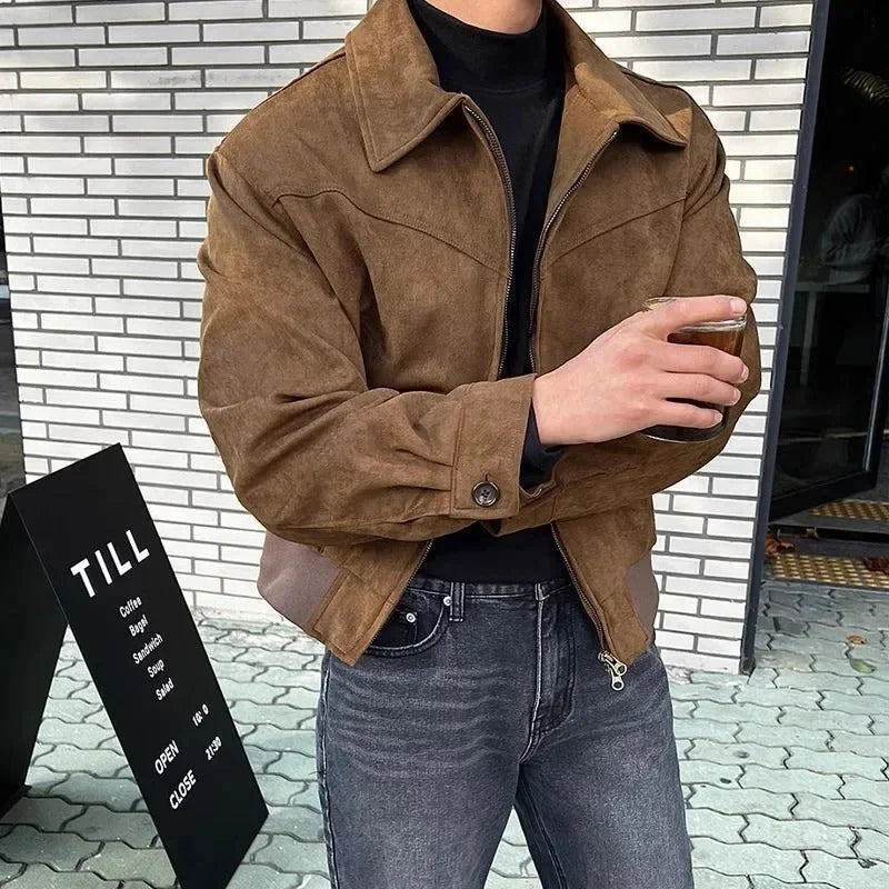 Men's blue suede bomber jacket, tailored fit detail