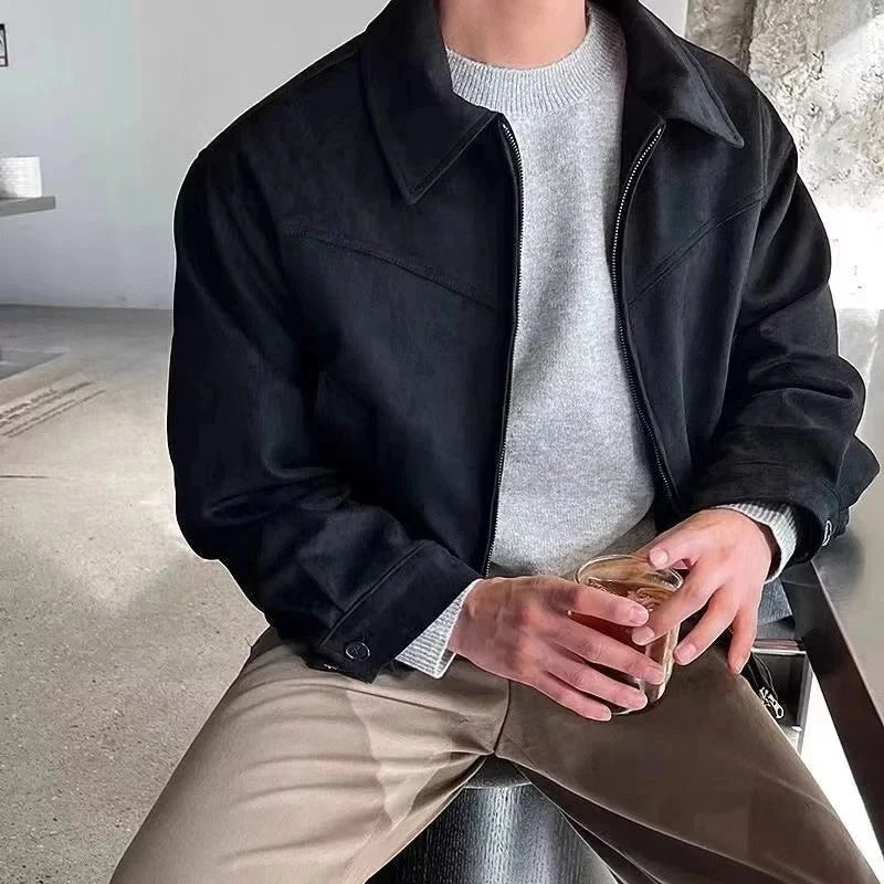 Men's green suede bomber jacket with exterior pockets