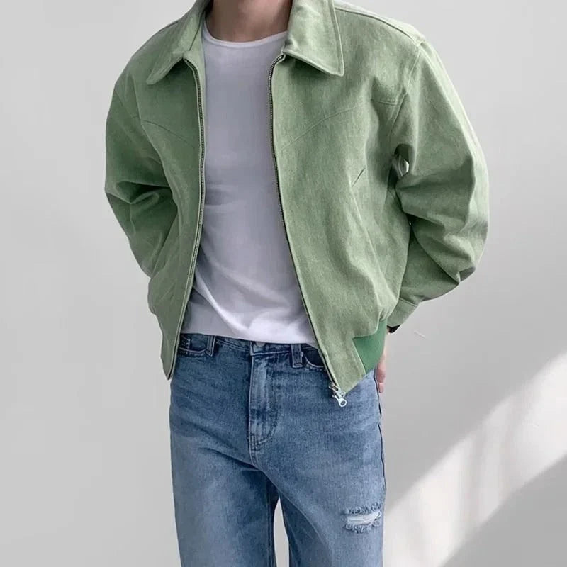 Men's blue suede bomber jacket, front view