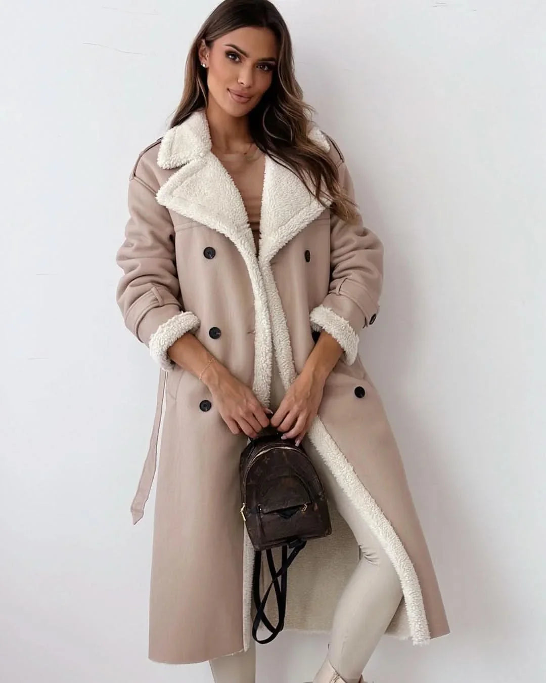 Apricot Double-Breasted Longline Trench Coat