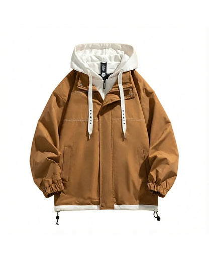 Men's brown hooded insulated parka with drawstring hem