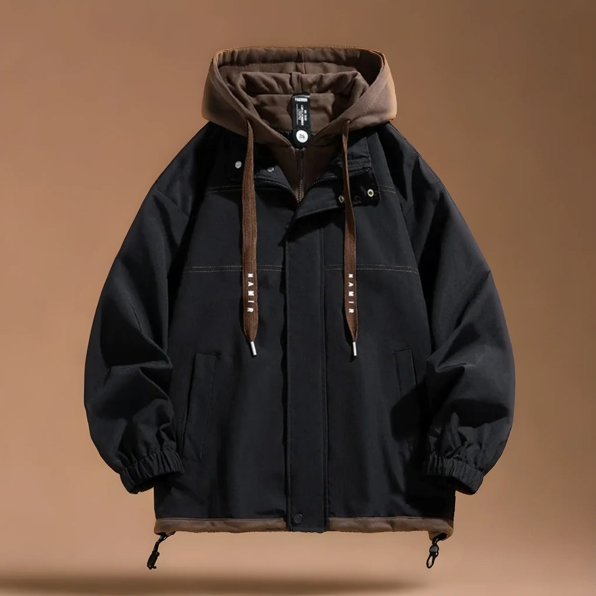 Men's white hooded parka, drawstring hem detail