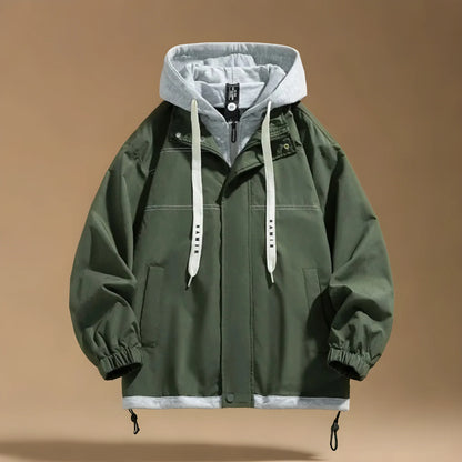 Men's black hooded parka, front view