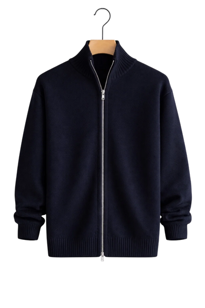 Austin knit zip jacket worn, lifestyle shot
