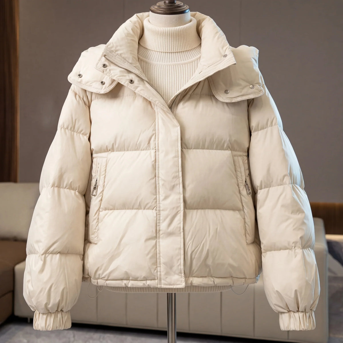 Margaret cropped quilted puffer, front view