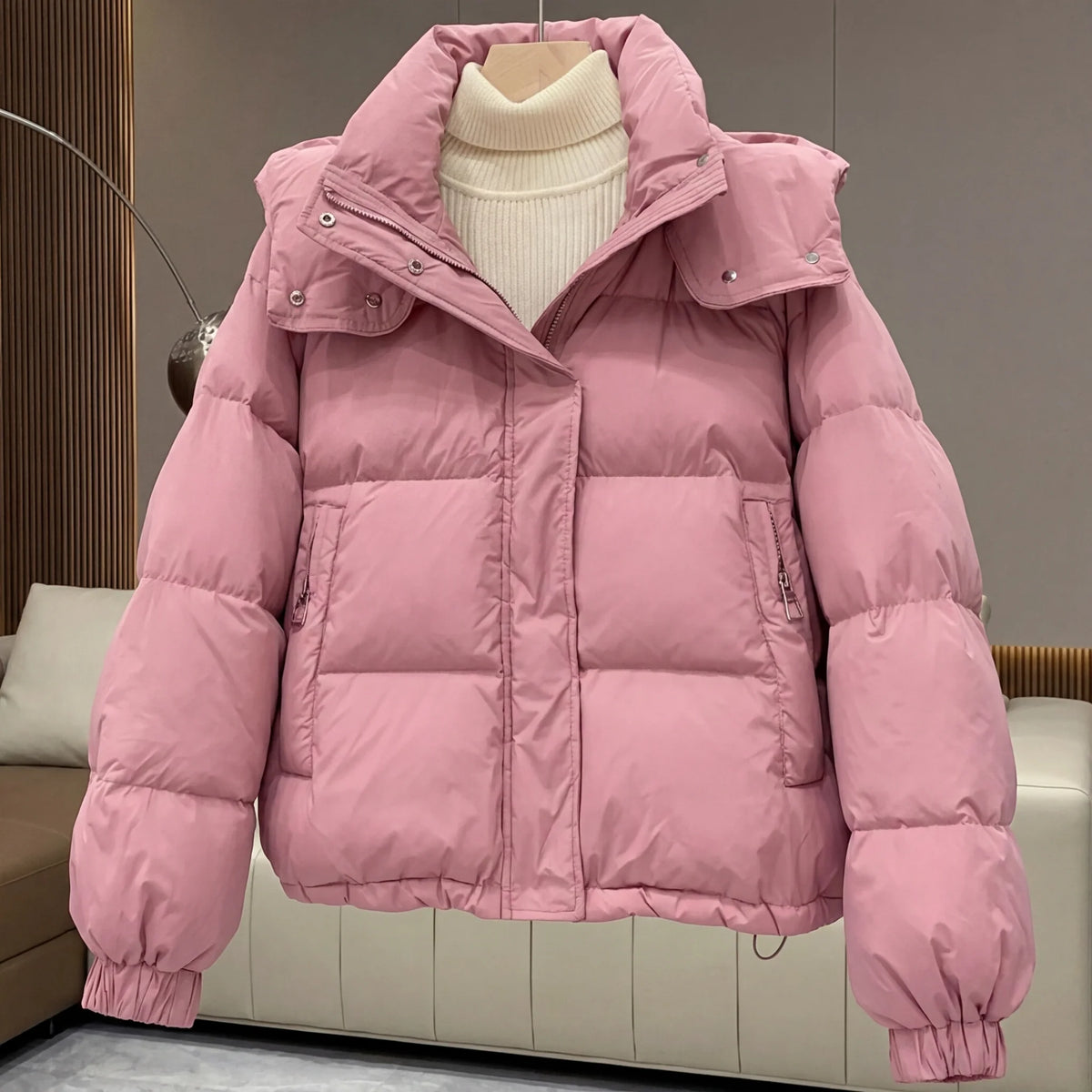 Margaret quilted puffer, stand collar detail