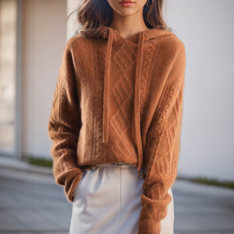 Women's brown cable knit hooded pullover sweater in soft wool blend