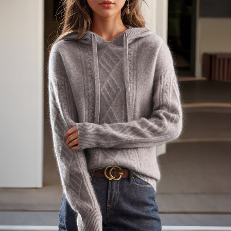 Women's brown cable knit hooded pullover sweater in soft wool blend