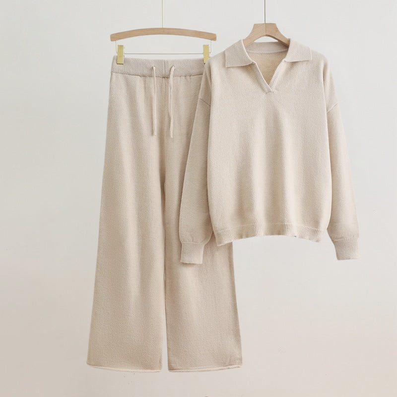 Women's yellow two piece set with long sleeve sweater and wide leg pants