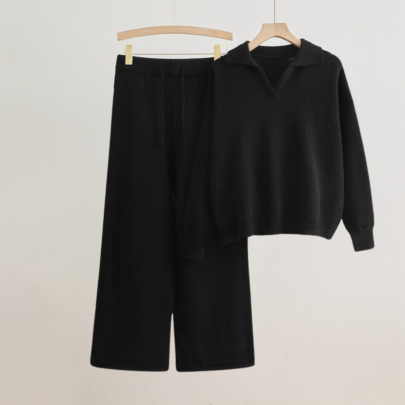 Women's yellow two piece set with long sleeve sweater and wide leg pants