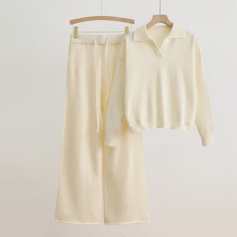 Women's yellow two piece set with long sleeve sweater and wide leg pants
