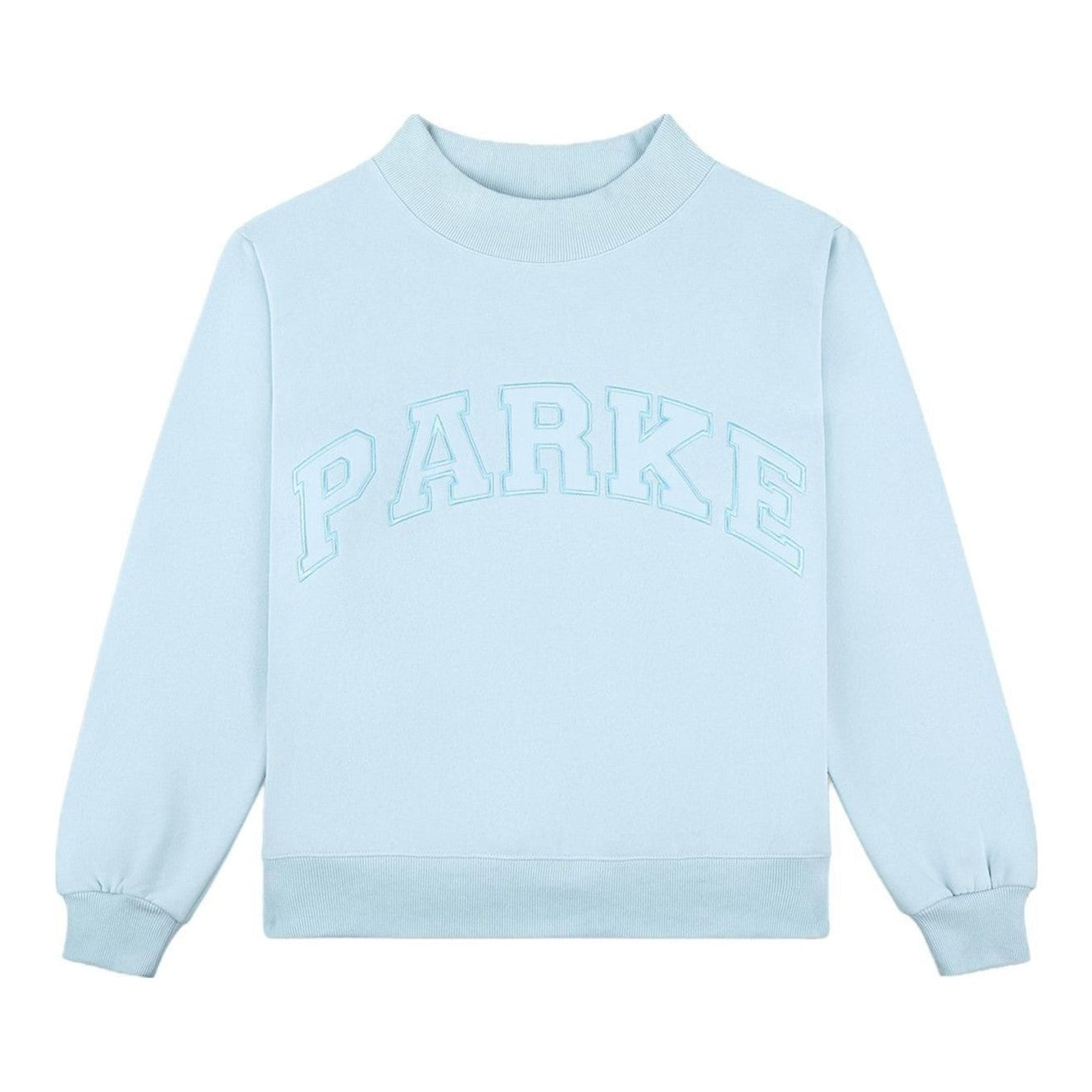 Ice blue mock neck varsity sweatshirt with tonal lettering