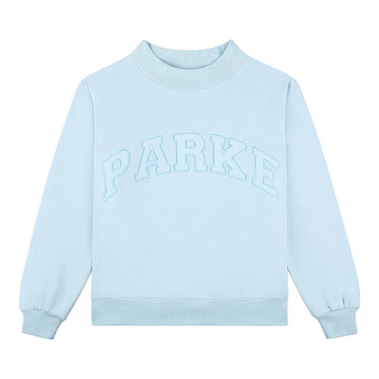 Ice blue mock neck varsity sweatshirt with tonal lettering
