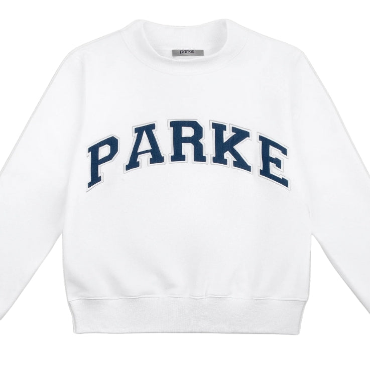 White mock neck varsity sweatshirt with navy chenille lettering