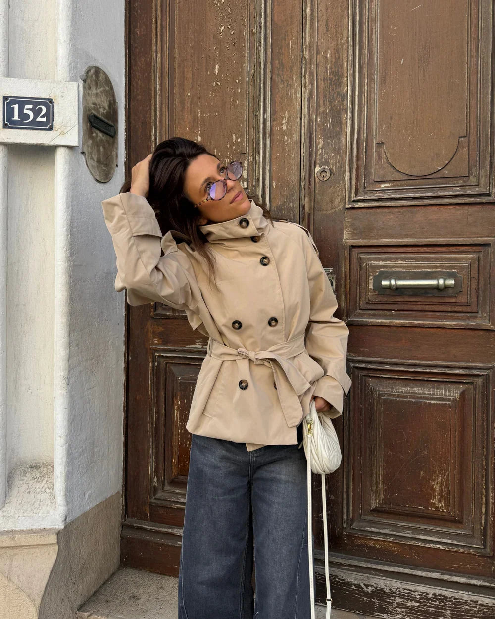 Beige Poised Belted High-Neck Cropped Trench Coat
