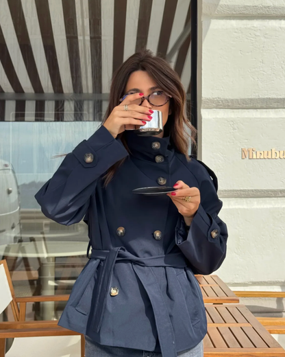 Navy Poised Belted High-Neck Cropped Trench Coat