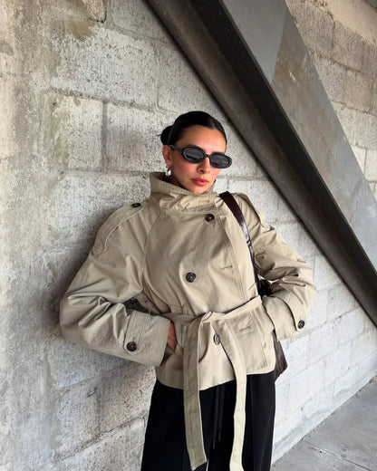 Poised Belted High-Neck Cropped Trench Coat – view 3