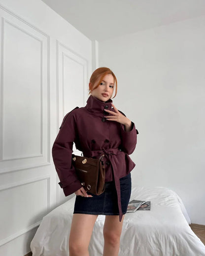 Burgundy Poised Belted High-Neck Cropped Trench Coat