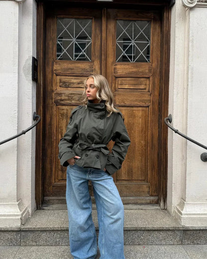Army Green Poised Belted High-Neck Cropped Trench Coat