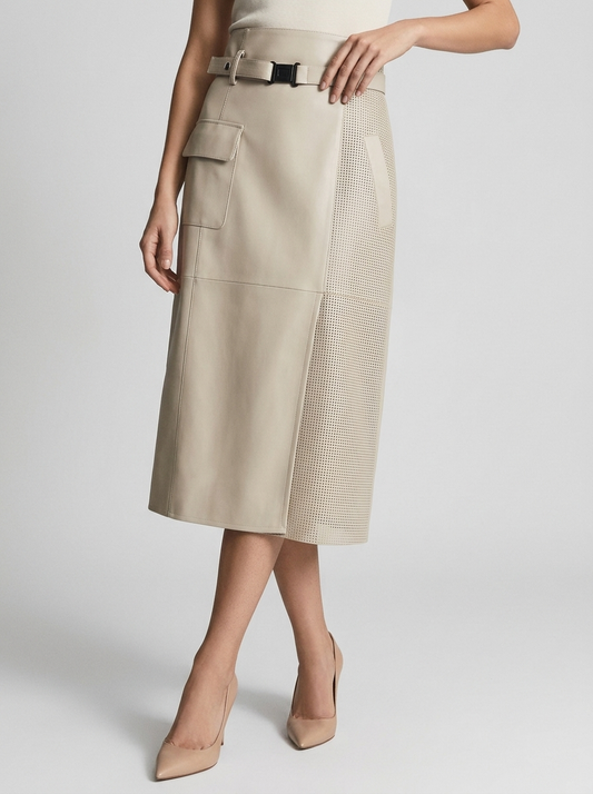 Women's beige Asymmetric Faux Leather Midi Skirt