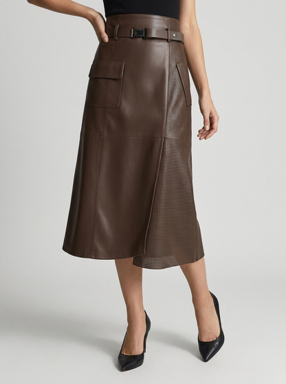 Women's beige Asymmetric Faux Leather Midi Skirt