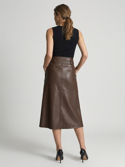 Women's beige Asymmetric Faux Leather Midi Skirt