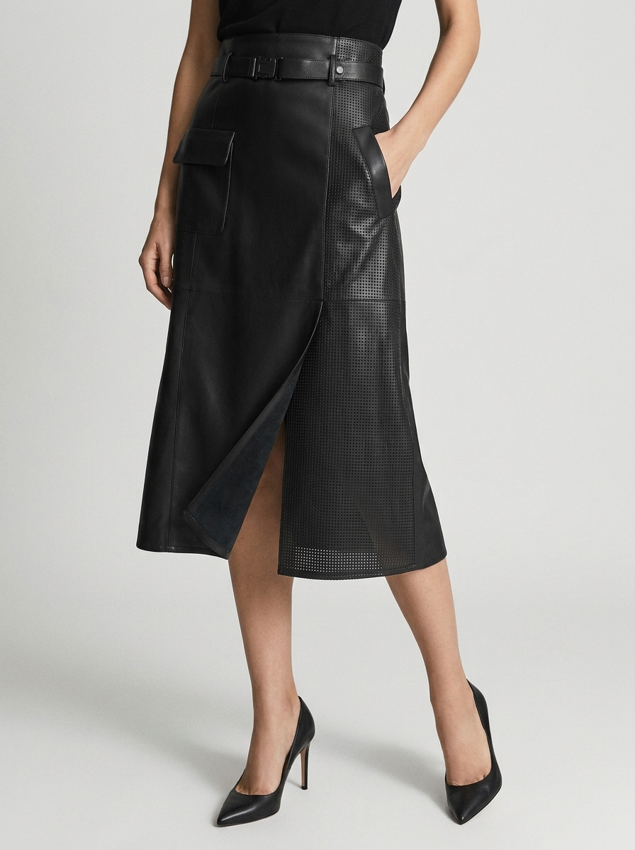 Women's beige Asymmetric Faux Leather Midi Skirt