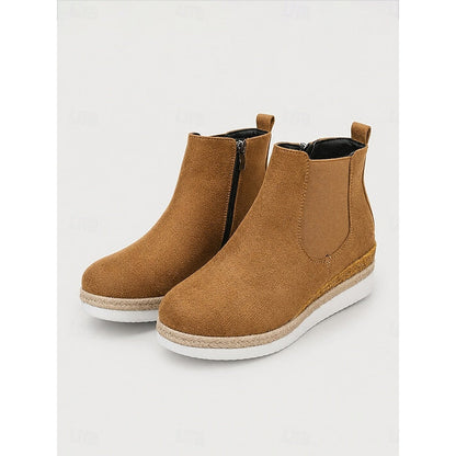 Brown Cozy Wedge Ankle Boots with Braided Trim
