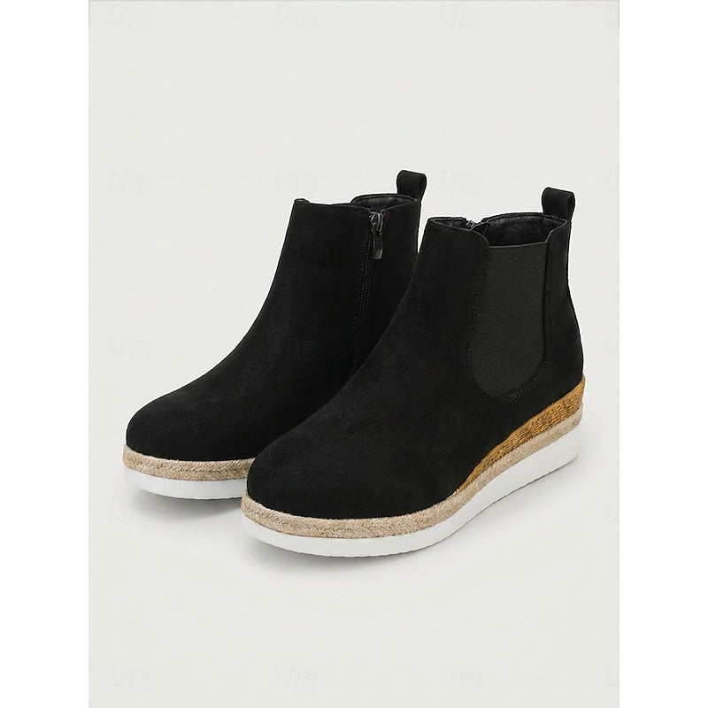 Black Cozy Wedge Ankle Boots with Braided Trim