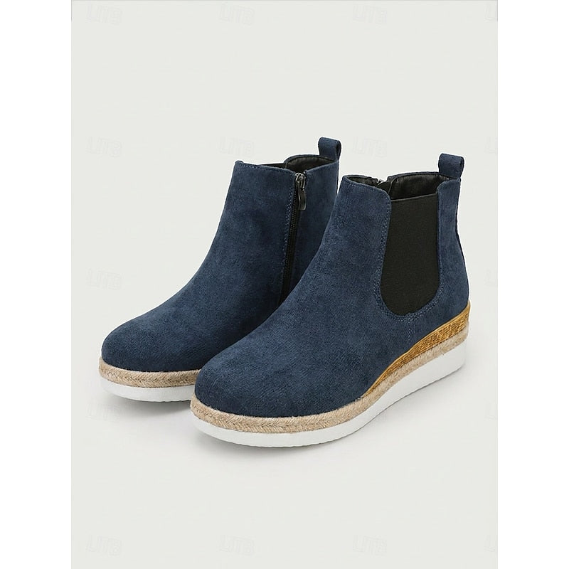 Blue Cozy Wedge Ankle Boots with Braided Trim