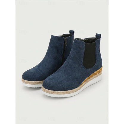 Blue Cozy Wedge Ankle Boots with Braided Trim