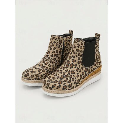 Leopard Cozy Wedge Ankle Boots with Braided Trim