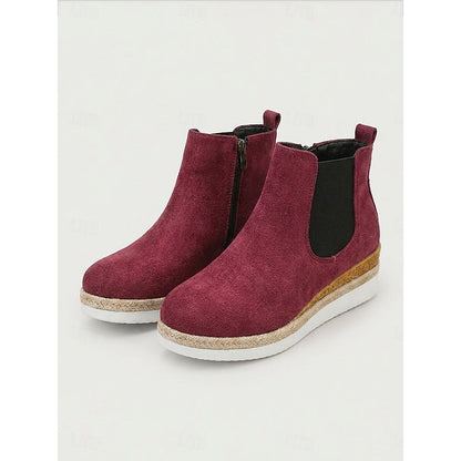 Burgundy Cozy Wedge Ankle Boots with Braided Trim
