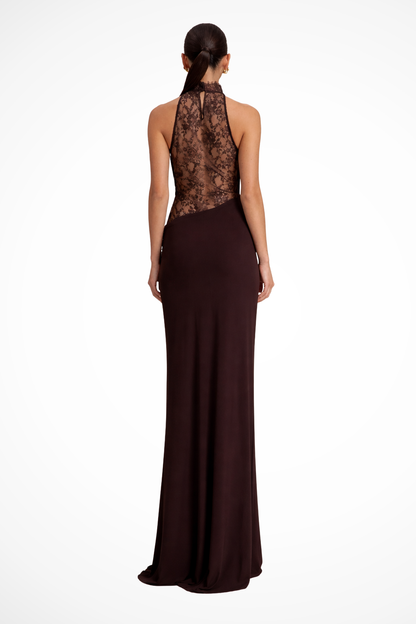 Women's red brown halter lace sleeveless wedding guest maxi dress