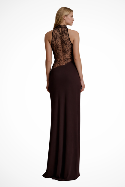 Women's red brown halter lace sleeveless wedding guest maxi dress