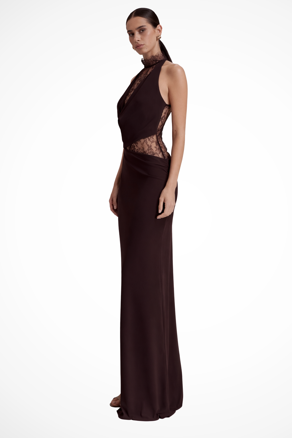 Women's red brown halter lace sleeveless wedding guest maxi dress