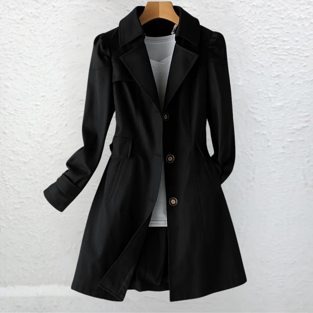 Black Vintage-Collar Tailored Winter Coat with Side Pockets