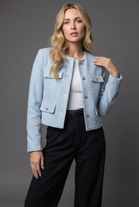 Victoria | Women's Tweed Cropped Jacket Gold Buttons Round Neck